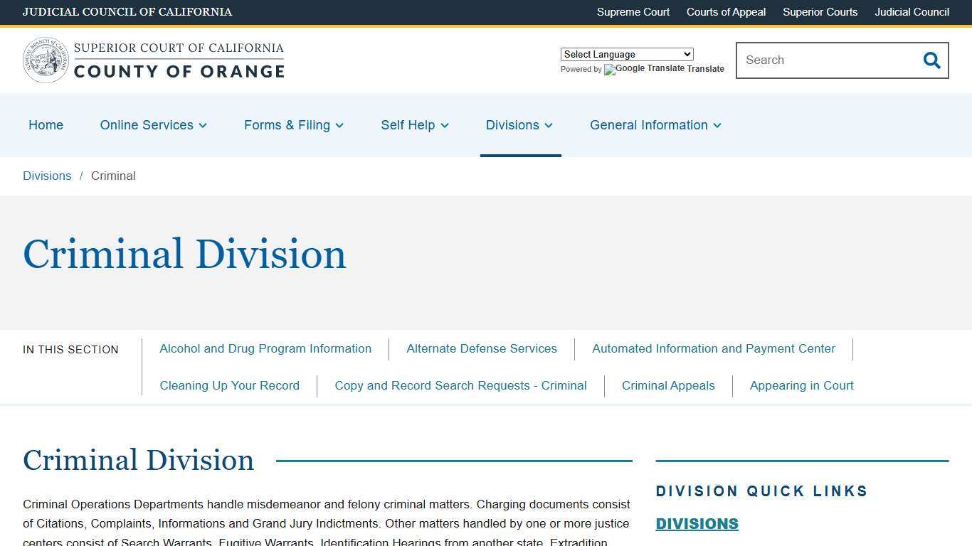 Criminal Superior Court of California County of Orange