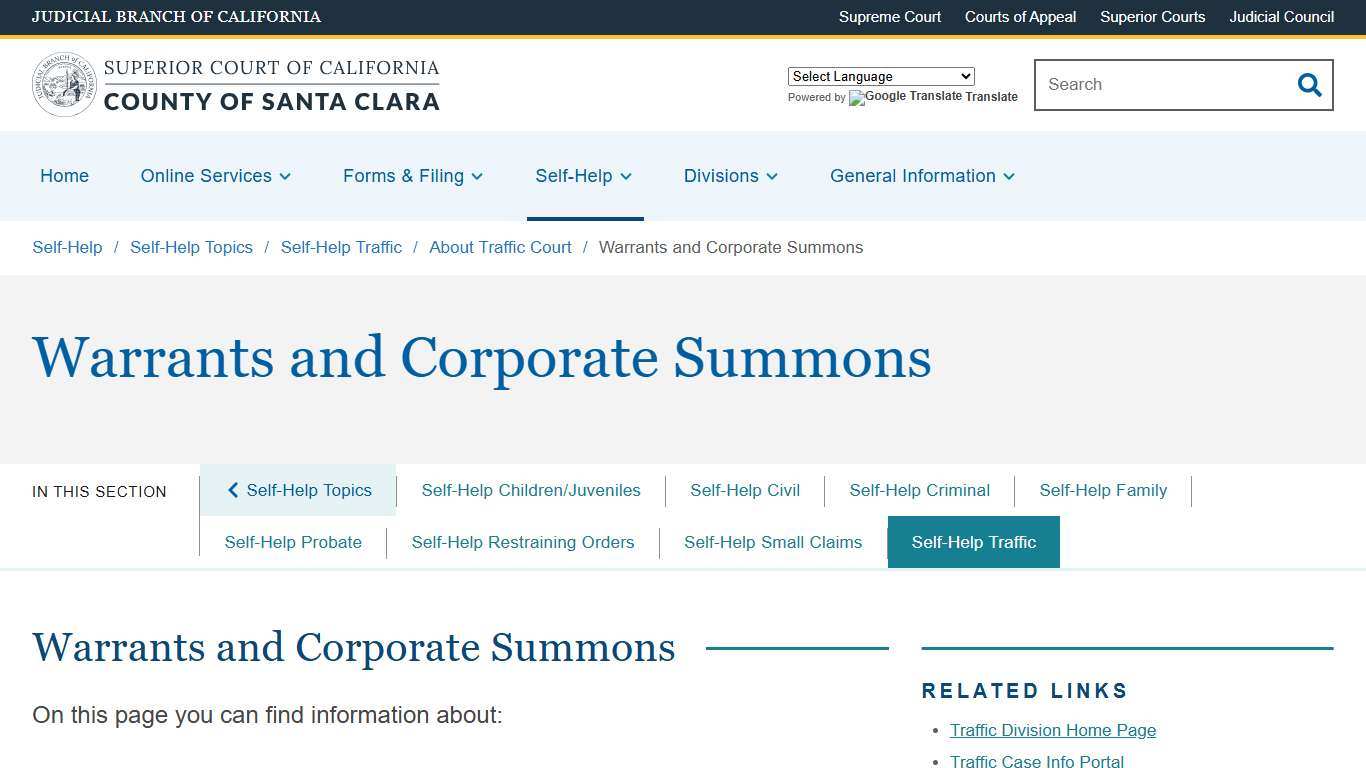 Warrants and Corporate Summons Superior Court of California County of Santa Clara