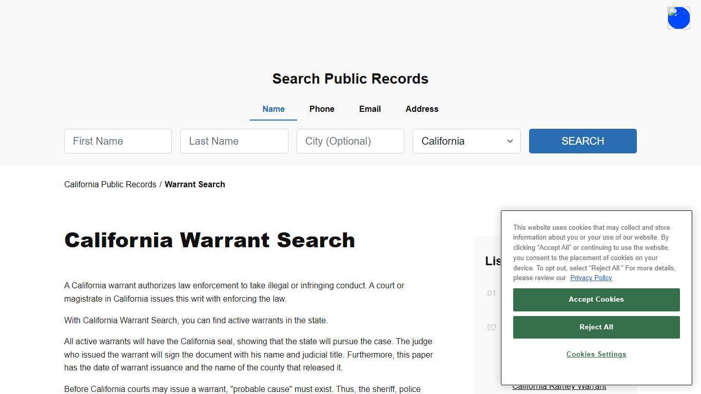 California Warrant Search and Records