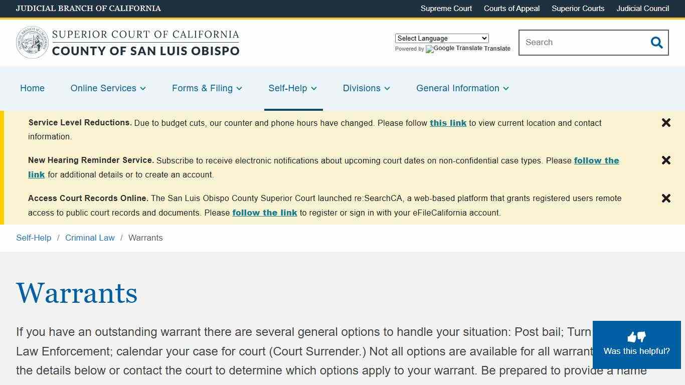 Warrants Superior Court of California County of San Luis Obispo